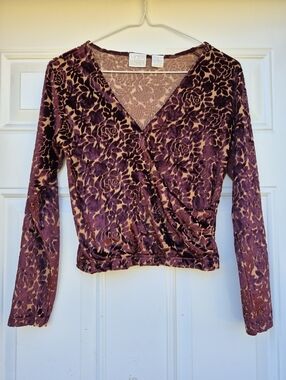 Small Vintage Y2K Moda Int'l Burgundy Wine Floral Burnout Velvet Whimsigoth Top